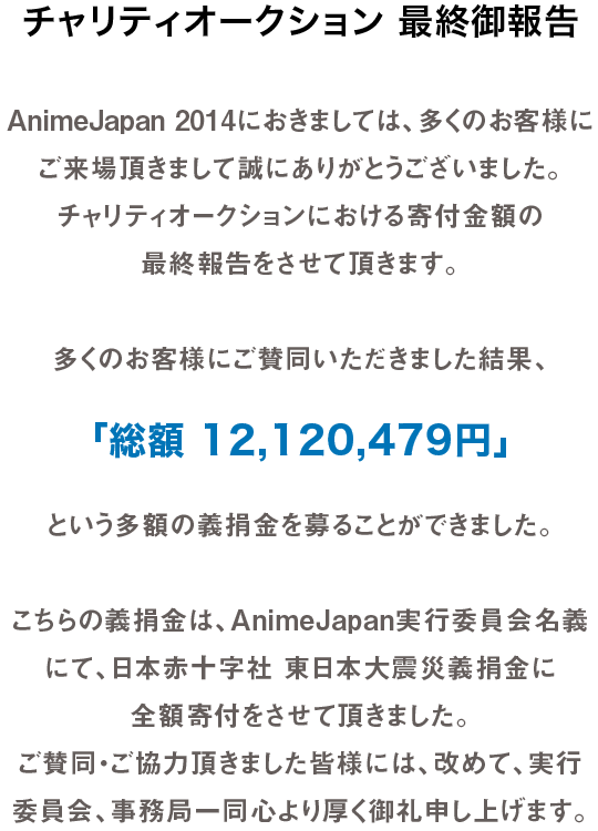 「チャリティオークション 最終御報告」AnimeJapan 2014におきましては、多くのお客様にご来場頂きまして誠にありがとうございました。チャリティオークションにおける寄付金額の最終報告をさせて頂きます。多くのお客様にご賛同いただきました結果、「総額 12,120,479円」という多額の義捐金を募ることができました。こちらの義捐金は、AnimeJapan実行委員会名義にて、日本赤十字社 東日本大震災義捐金に全額寄付をさせて頂きました。ご賛同・ご協力頂きました皆様には、改めて、実行委員会、事務局一同心より厚く御礼申し上げます。AnimeJapan実行委員会