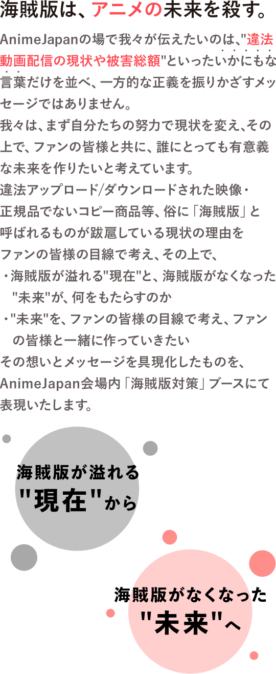 海賊版は、アニメの未来を殺す。AnimeJapanの場で我々が伝えたいのは、
違法動画配信の現状や被害総額といったいかにもな言葉だけを並べ、一方的な正義を振りかざすメッセージではありません。我々は、まず自分たちの努力で現状を変え、その上で、ファンの皆様と共に、誰にとっても有意義な未来を作りたいと考えています。違法アップロード/ダウンロードされた映像・正規品でないコピー商品等、俗に「海賊版」と呼ばれるものが跋扈している現状の理由をファンの皆様の目線で考え、その上で、・海賊版が溢れる現在と、海賊版がなくなった未来が、何をもたらすのか・未来を、ファンの皆様の目線で考え、ファンの皆様と一緒に作っていきたい その想いとメッセージを具現化したものを、AnimeJapan会場内「海賊版対策」ブースにて表現いたします。